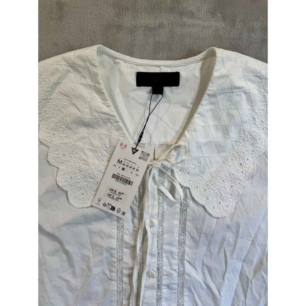 ZARA White Embroidered Peter Pan Collar Puff Sleeve Blouse Top Size M NWT